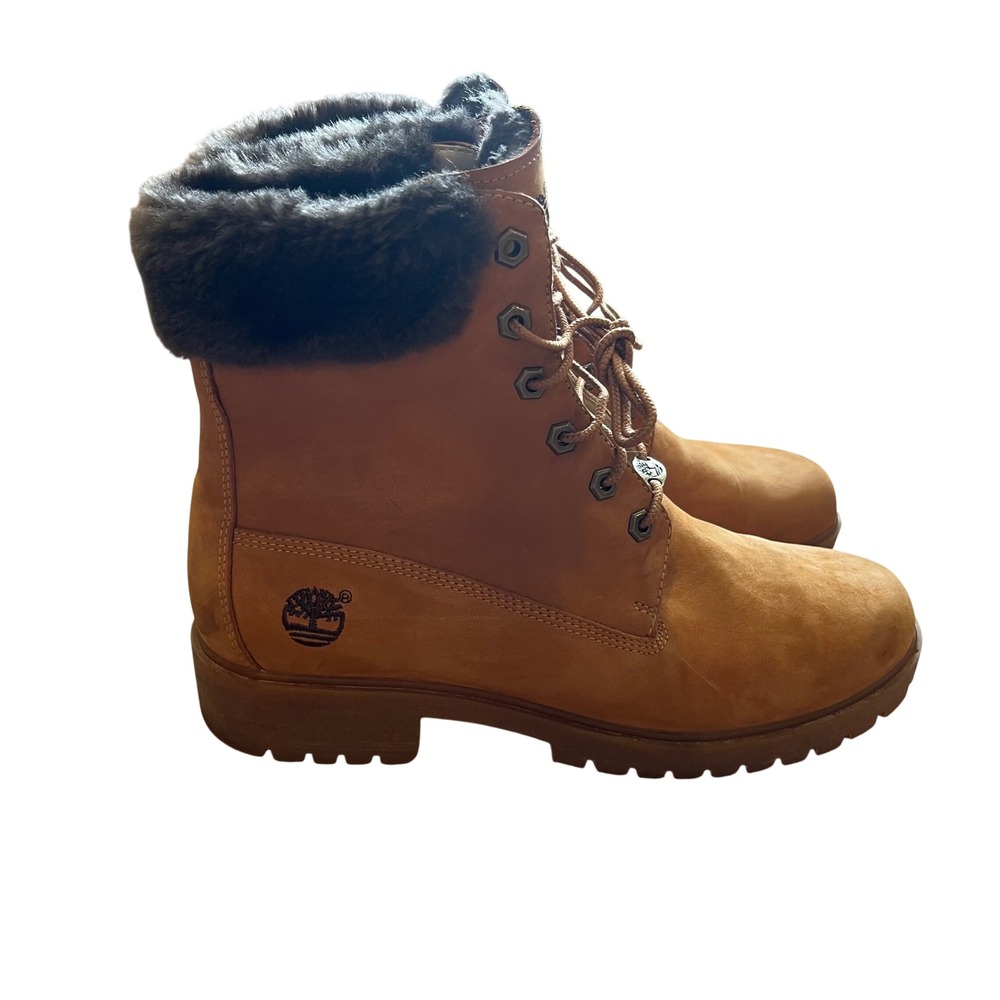 Timberland Wheat Nubuck Leather Faux Fur Trim Lace Up Boots Brown 6 Inch Style - Picture 2 of 12